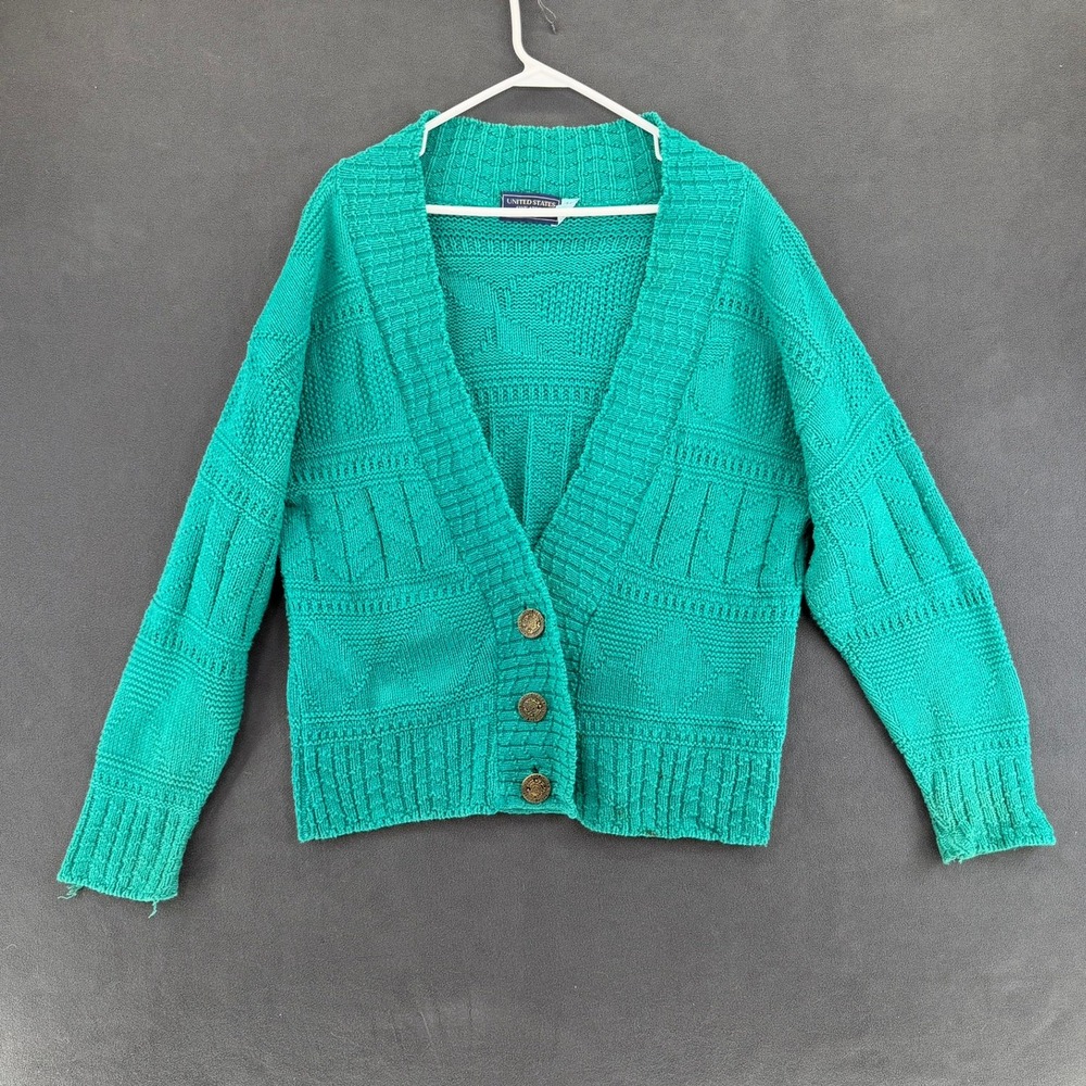 Vtg United States Sweaters Cardigan Womens M Green Chunky Cable Knit Button USA